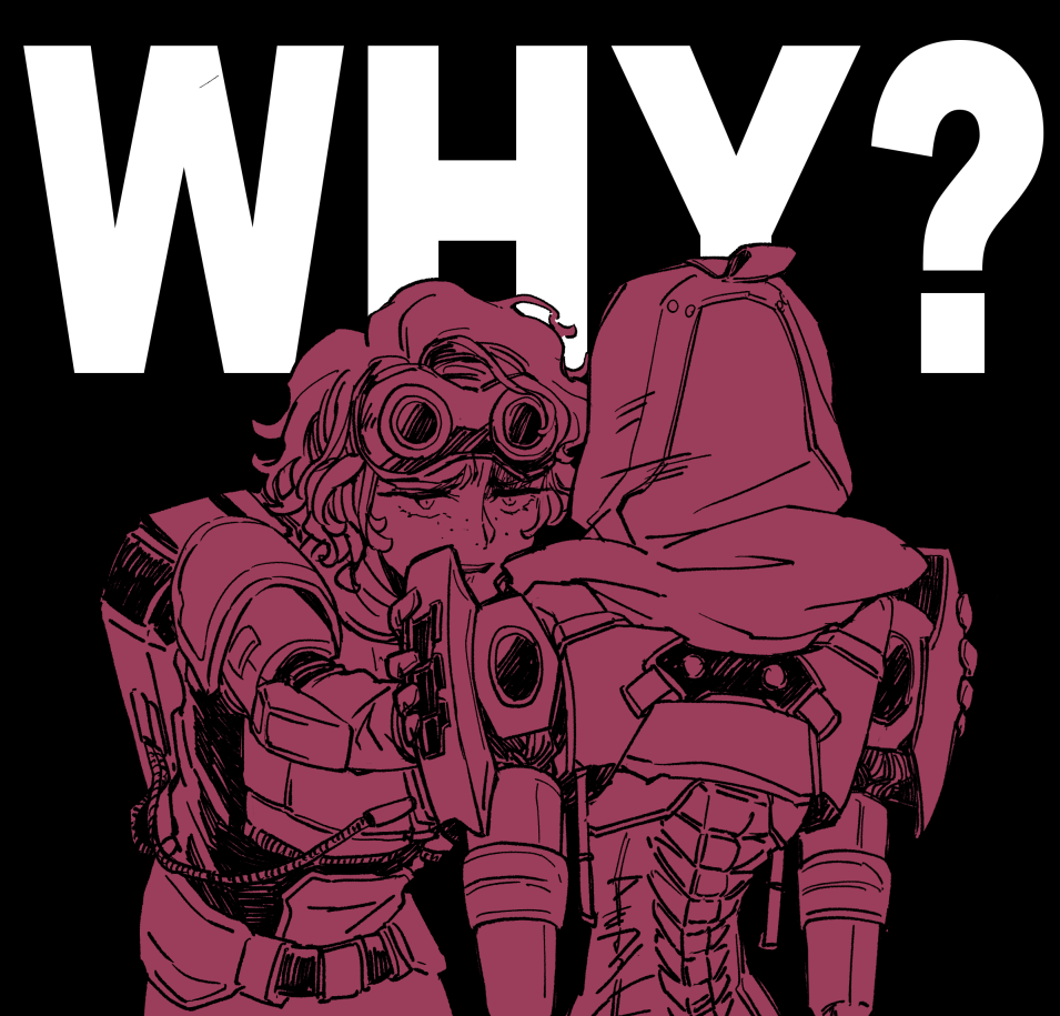 2girls, android, apex_legends, ash_(titanfall_2), black_background, cable, english_text, goggles, goggles_on_head, hands_on_another's_shoulders, hood, hood_up, horizon_(apex_legends), leaning_forward, monochrome, mononobex, multiple_girls, open_mouth, red_theme, short_hair, simulacrum_(titanfall), spacesuit