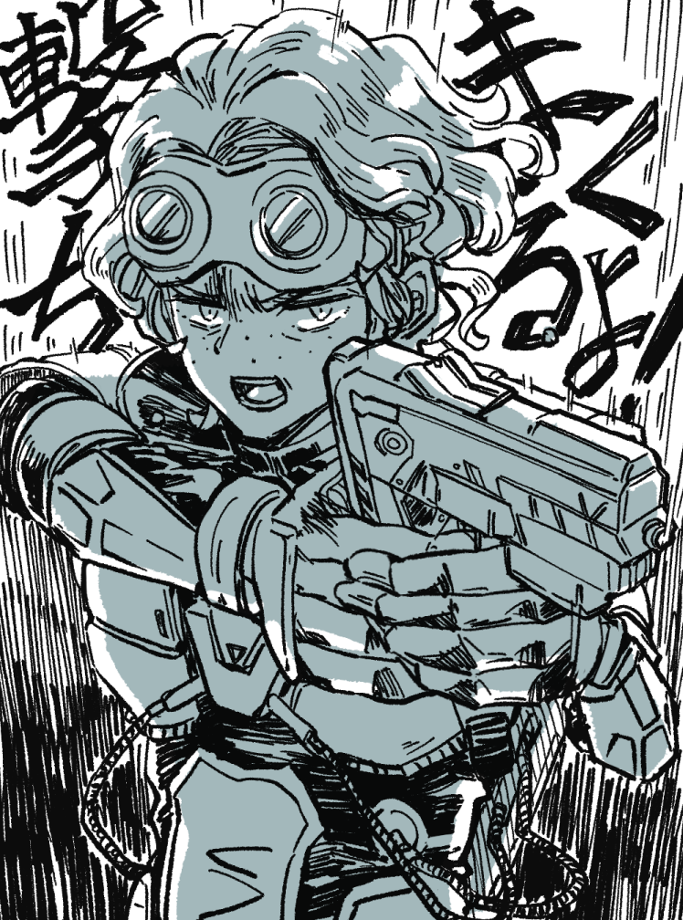1girl, alternator, angry, animification, apex_legends, cable, freckles, greyscale, gun, hair_behind_ear, holding, holding_gun, holding_weapon, horizon_(apex_legends), monochrome, mononobex, motion_lines, open_mouth, short_hair, solo, submachine_gun, translation_request, upper_body, v-shaped_eyebrows, weapon
