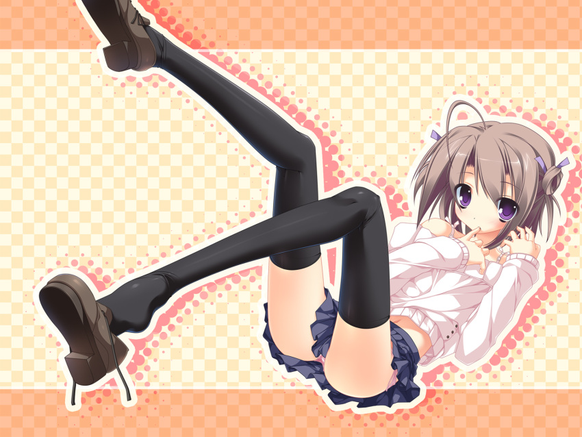 bare_shoulders, finger_sucking, highres, kiss_to_lord_to_darjeeling, kiss_x_demon_lord_x_darjeeling, male, miniskirt, ochinsama, sanjouji_shinobu, shoe_dangle, skirt, solo, thigh-highs, thighhighs, trap, wallpaper