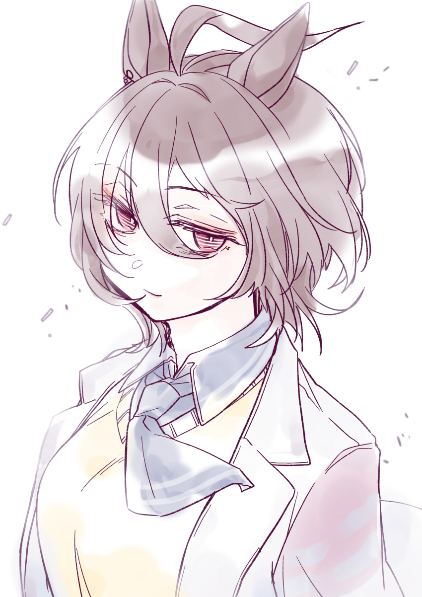 1girl, absurdres, agnes_tachyon_(umamusume), ahoge, animal_ears, arms_at_sides, breasts, brown_hair