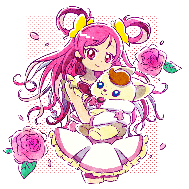 bike_shorts_under_skirt, butterfly_earrings, coco_(yes!_precure_5), cure_dream, dress, earrings, flower, frilled_dress, frills, hair_ornament, holding, holding_stuffed_toy, hoppetoonaka3, jewelry, long_hair, looking_at_viewer, magical_girl, petals, pink_eyes, pink_hair, precure, rose, rose_petals, shorts, shorts_under_skirt, simple_background, smile, stuffed_toy, yes!_precure_5, yes!_precure_5_gogo!, yumehara_nozomi
