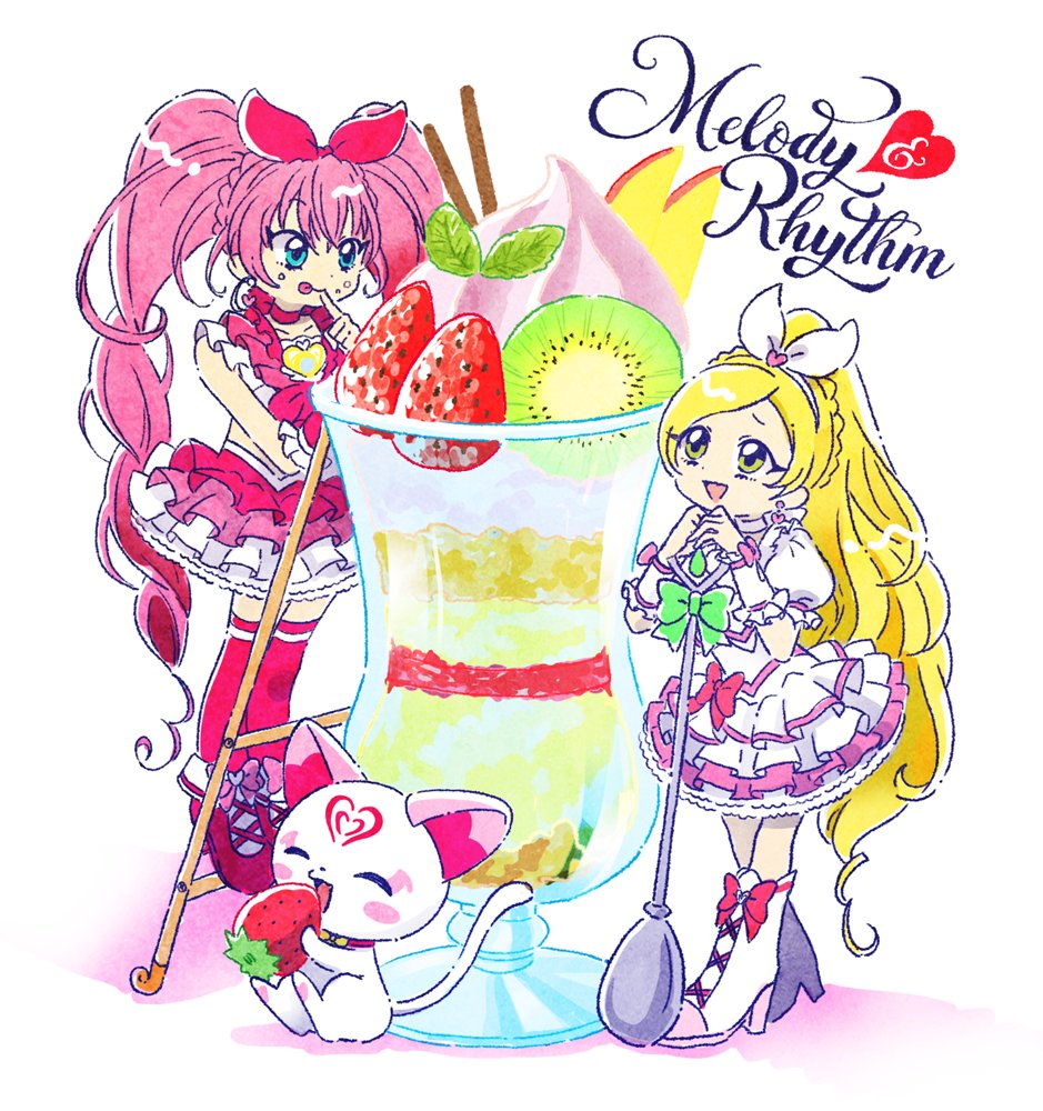 2girls, blonde_hair, blue_eyes, bow, cure_melody, cure_rhythm, dress, eating, english_text, food, frilled_dress, frilled_skirt, frilled_sleeves, frills, fruit, green_eyes, hair_bow, headband, holding, holding_spoon, hoppetoonaka3, houjou_hibiki, hummy_(suite_precure), long_hair, minamino_kanade, multiple_girls, parfait, pink_hair, ponytail, precure, puffy_short_sleeves, puffy_sleeves, ribbon, short_sleeves, skirt, smile, spoon, strawberry, suite_precure, tongue, tongue_out, twintails, white_background, white_headband