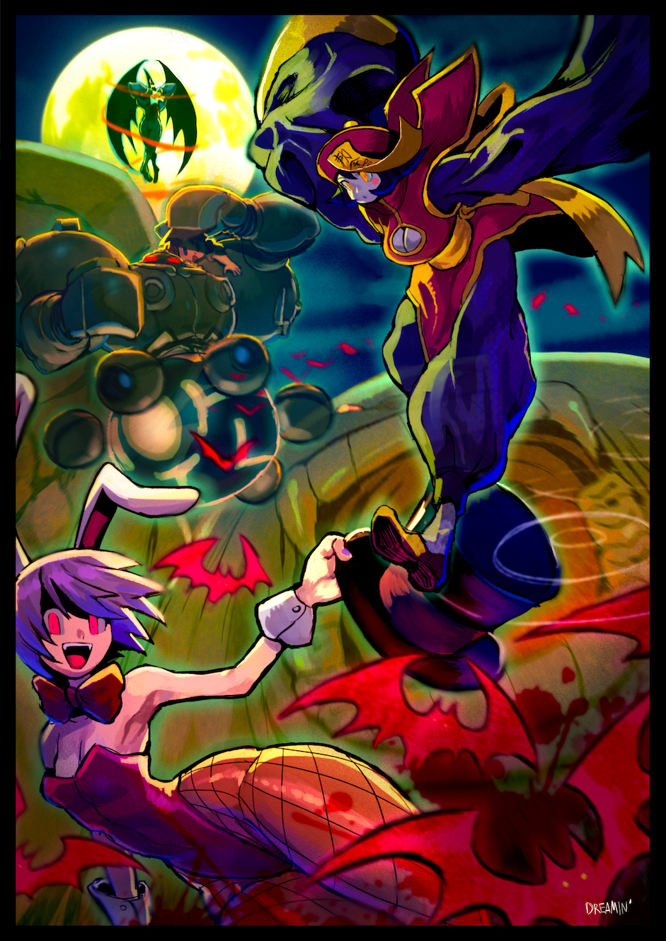 animal_ears, armpits, bat_(animal), bat_wings, blood, blood_splatter, blue_skin, breasts