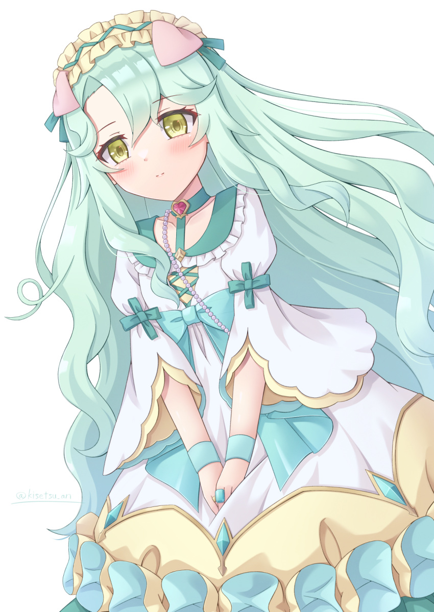 1girl, animal_ears, blush, breasts, character_request, closed_mouth, commentary_request, dress, green_eyes, green_hair, hair_between_eyes, hair_ornament, highres, jewelry, kisetsu_an, long_hair, looking_at_viewer, princess_connect!, ring, simple_background, small_breasts, solo, white_background