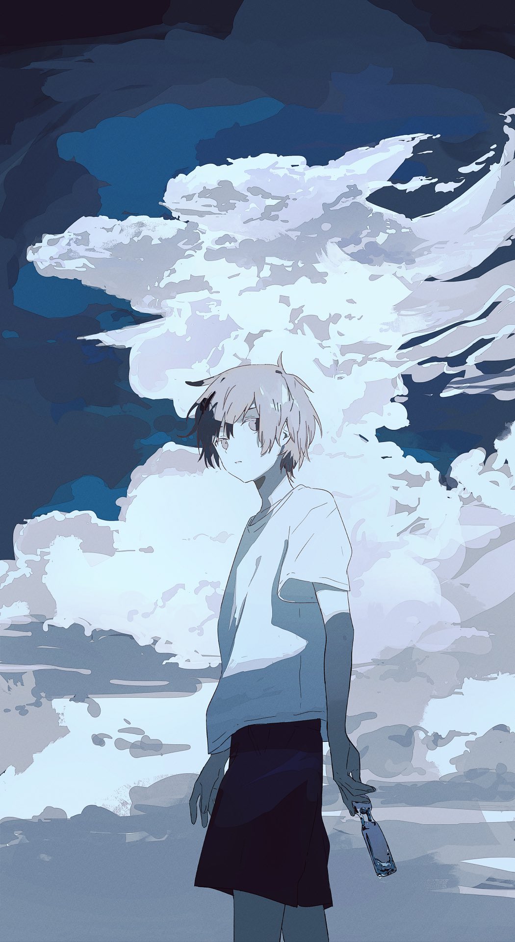 1boy, black_shorts, bottle, clouds, cowboy_shot, grey_eyes, grey_hair, highres