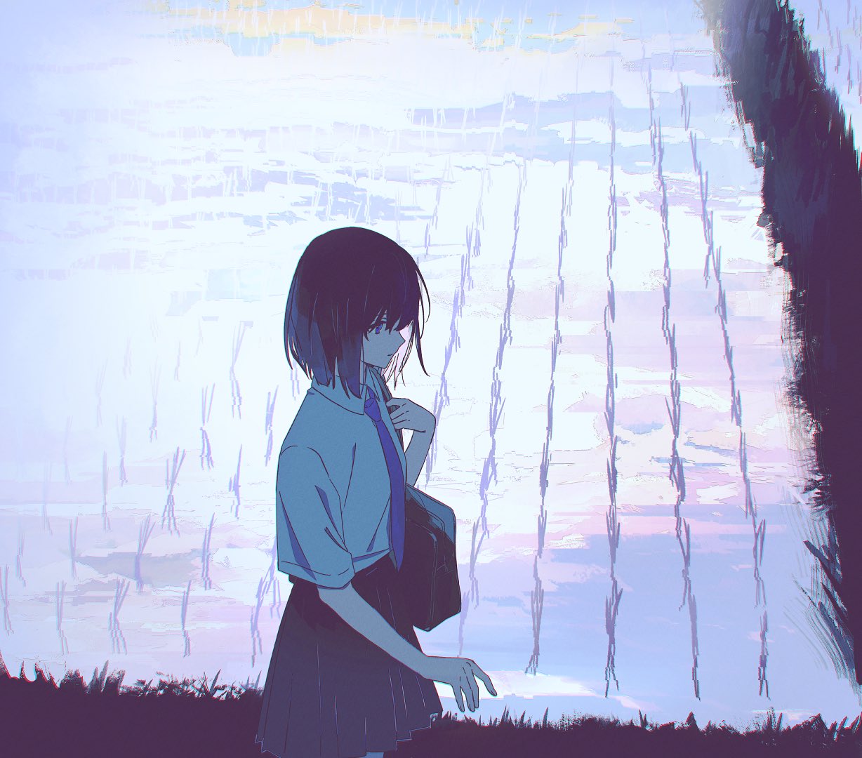 1girl, bag, black_hair, black_skirt, blue_eyes, blue_necktie, collared_shirt, manuga_(manuga430)