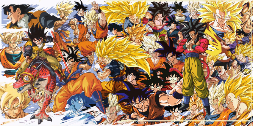 biceps, black_eyes, black_hair, blonde_hair, blue_eyes, blue_sash, body_fur, bruise, bruise_on_face, catdestroyer, closed_mouth, dark-skinned_male, dark_skin, dougi, dragon_ball, dragon_ball_gt, dragon_ball_z, highres, injury, long_hair, looking_at_viewer, male_focus, monkey_boy, monkey_tail, multiple_boys, multiple_persona, muscular, muscular_child, muscular_male, no_eyebrows, no_nipples, open_mouth, pants, pectorals, red_fur, ruyi_jingu_bang, saiyan, saiyan_armor, sash, shirt, smile, smirk, son_goku, spiky_hair, standing, super_saiyan, super_saiyan_1, super_saiyan_2, super_saiyan_3, super_saiyan_4, tail, tan, yellow_pants
