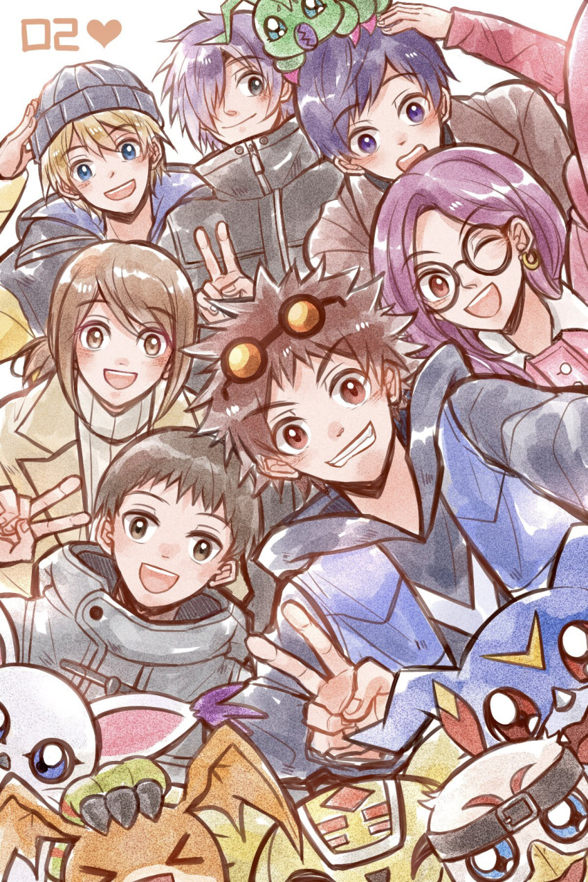 2girls, 5boys, armadillo, armadimon, beanie, bird, black_headwear, black_hoodie