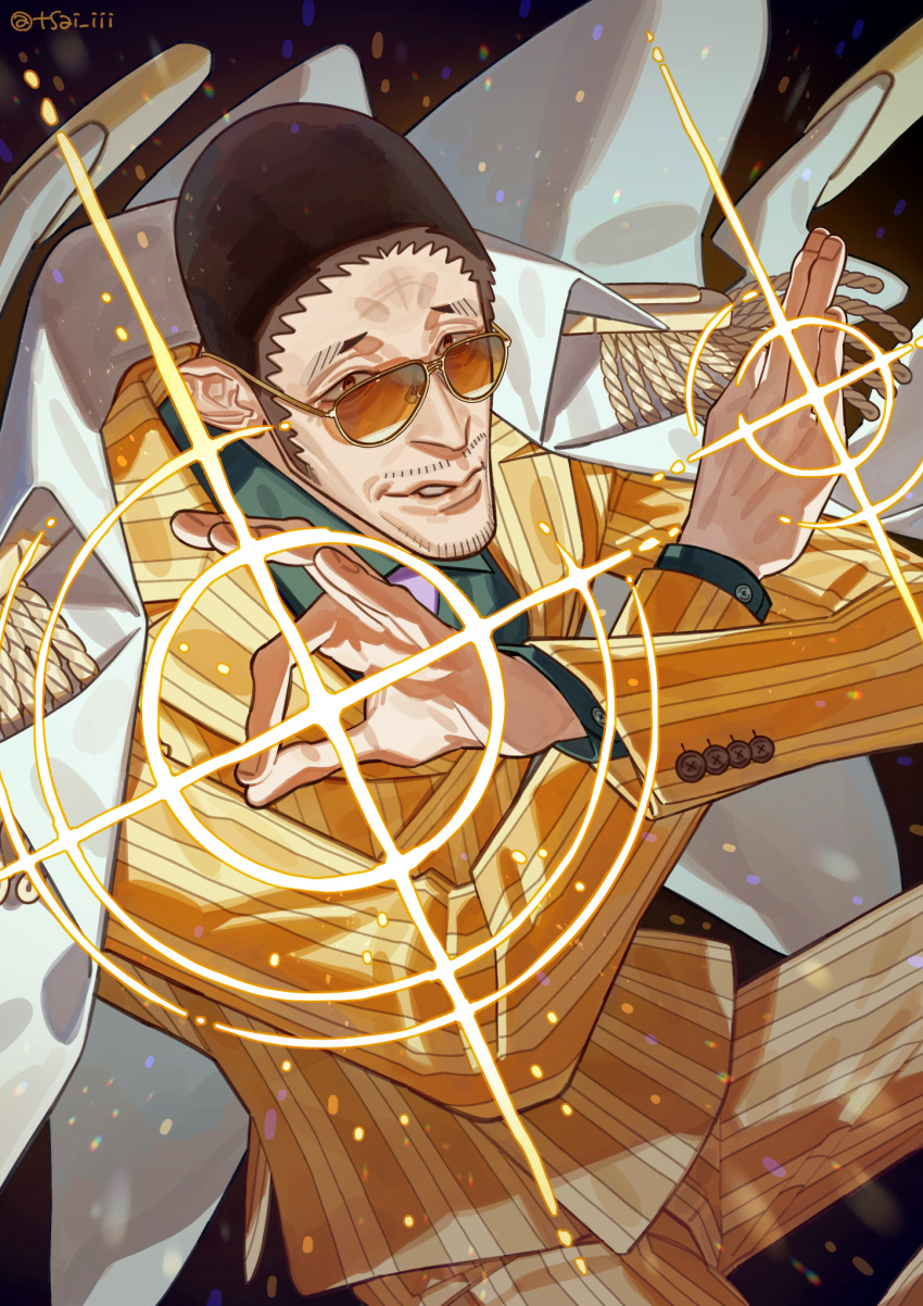 1boy, black_hair, borsalino_(kizaru), epaulettes, feet_out_of_frame, fighting_stance, goatee_stubble, highres