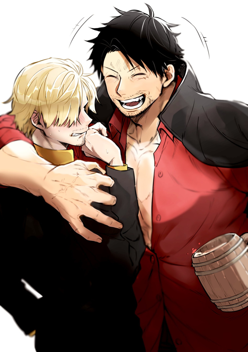2boys, aged_up, alcohol, beer, blonde_hair, blush, from_behind, goatee_stubble, goma1132, hair_over_one_eye, happy, highres, large_hands, large_pectorals, laughing, male_focus, mature_male, monkey_d._luffy, multiple_boys, muscular, muscular_male, mustache_stubble, one_piece, partially_unbuttoned, pectoral_cleavage, pectorals, sanji_(one_piece), shirt, short_hair, time_paradox, upper_body