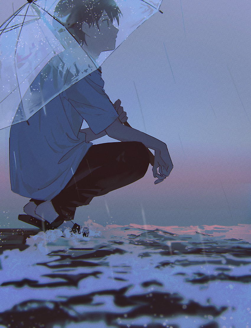 1boy, black_eyes, black_footwear, black_hair, black_pants, highres, holding, holding_umbrella