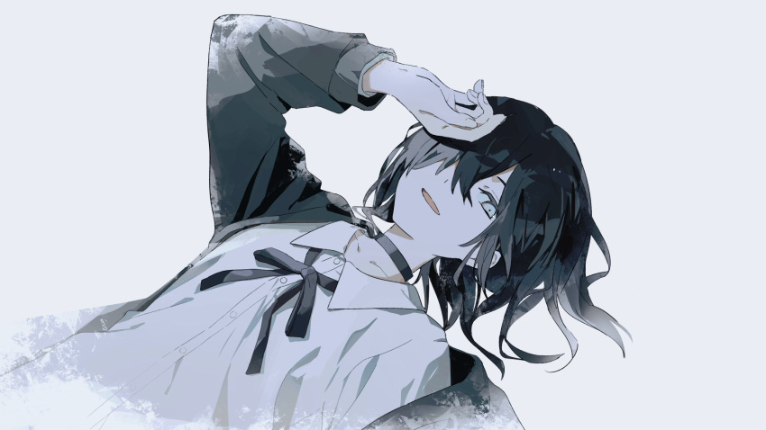 1girl, androgynous, bad_source, black_choker, black_hair, black_ribbon, choker, collared_shirt