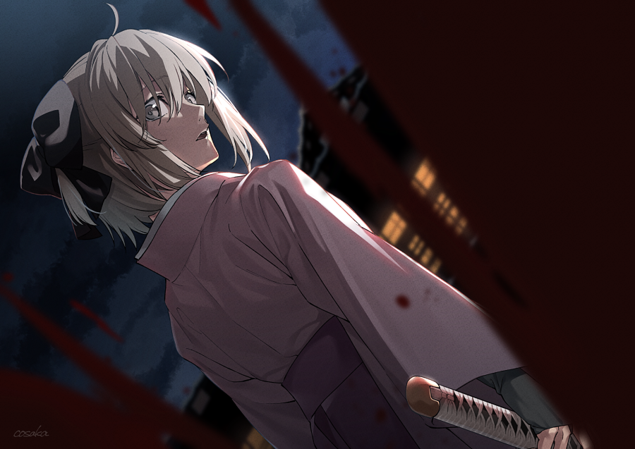 1girl, ahoge, black_bow, blonde_hair, blood, bow, clouds, commentary_request