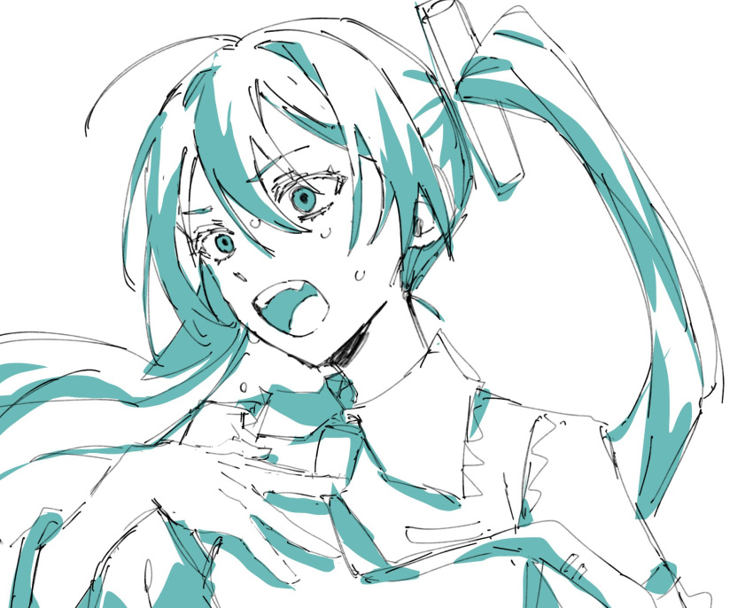 1girl, blue_eyes, blue_hair, blue_theme, collared_shirt, commentary_request, hand_on_own_chest, hatsune_miku