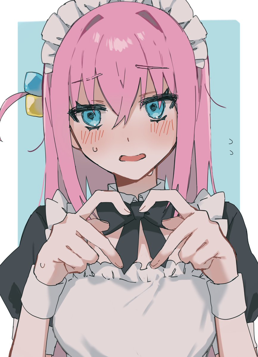 1girl, apron, black_bow, black_bowtie, black_dress, blue_eyes, blush, bocchi_the_rock!