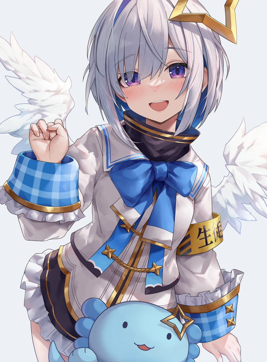 1girl, absurdres, amane_kanata, amane_kanata_(1st_costume), angel, angel_wings, black_dress, blue_hair, blush, colored_inner_hair, cropped_jacket, dress, hair_intakes, halo, highres, hololive, jacket, kaguya_(srx61800), multicolored_hair, short_hair, smile, star_halo, teeth, turtleneck_dress, upao_(amane_kanata), upper_teeth_only, violet_eyes, virtual_youtuber, white_background, white_jacket, wings