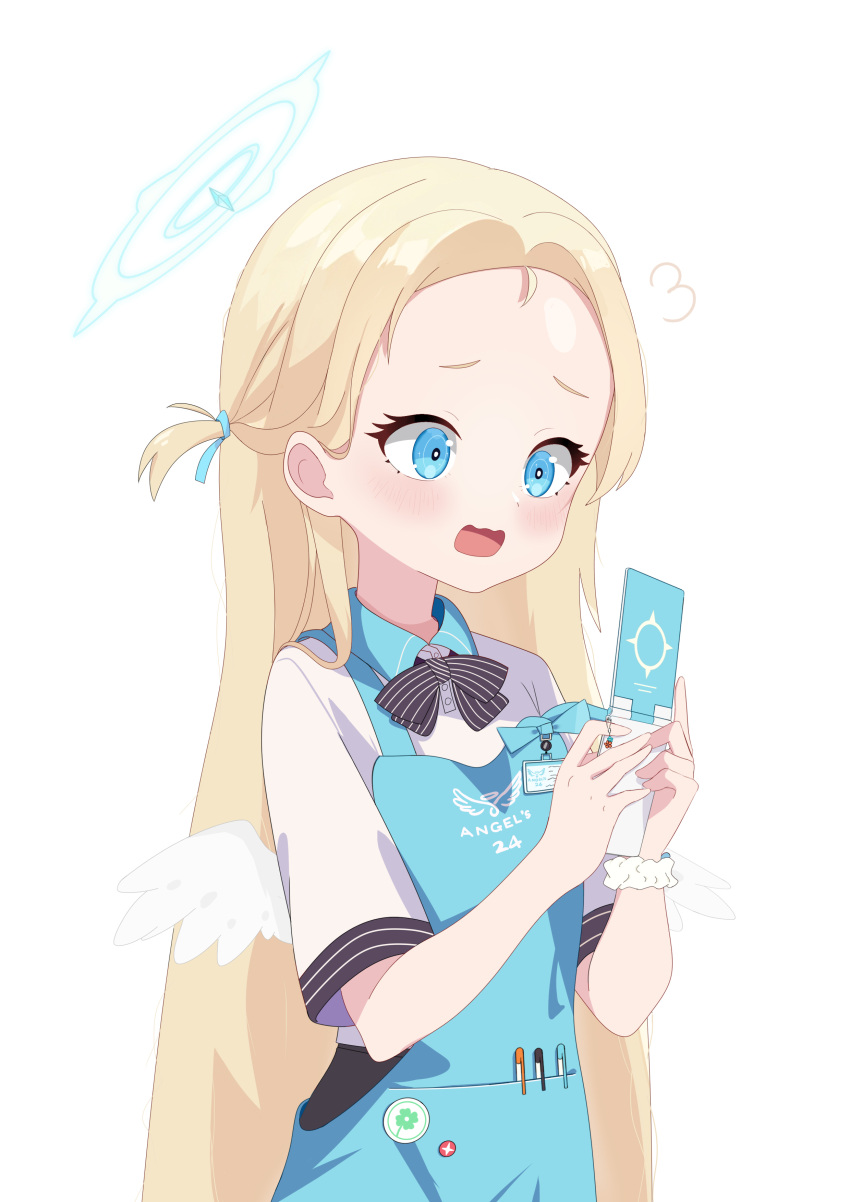 1girl, absurdres, angel's_24_uniform_(blue_archive), angel_wings, apron, baozi_9527, blonde_hair, blue_apron