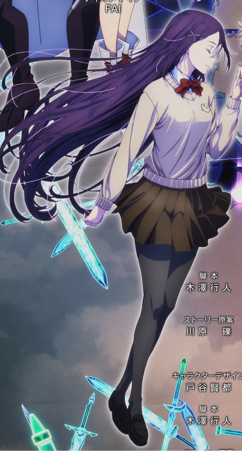 black_pantyhose, brown_skirt, hair_between_eyes, hair_ornament, highres, long_hair, mito_(sao), non-web_source, official_art, pantyhose, purple_hair, skirt, sword_art_online, tozawa_misumi, very_long_hair, x_hair_ornament