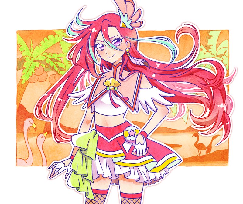 1girl, commentary_request, cure_flamingo, earrings, feather_earrings, feathers, fingerless_gloves, fishnet_thighhighs