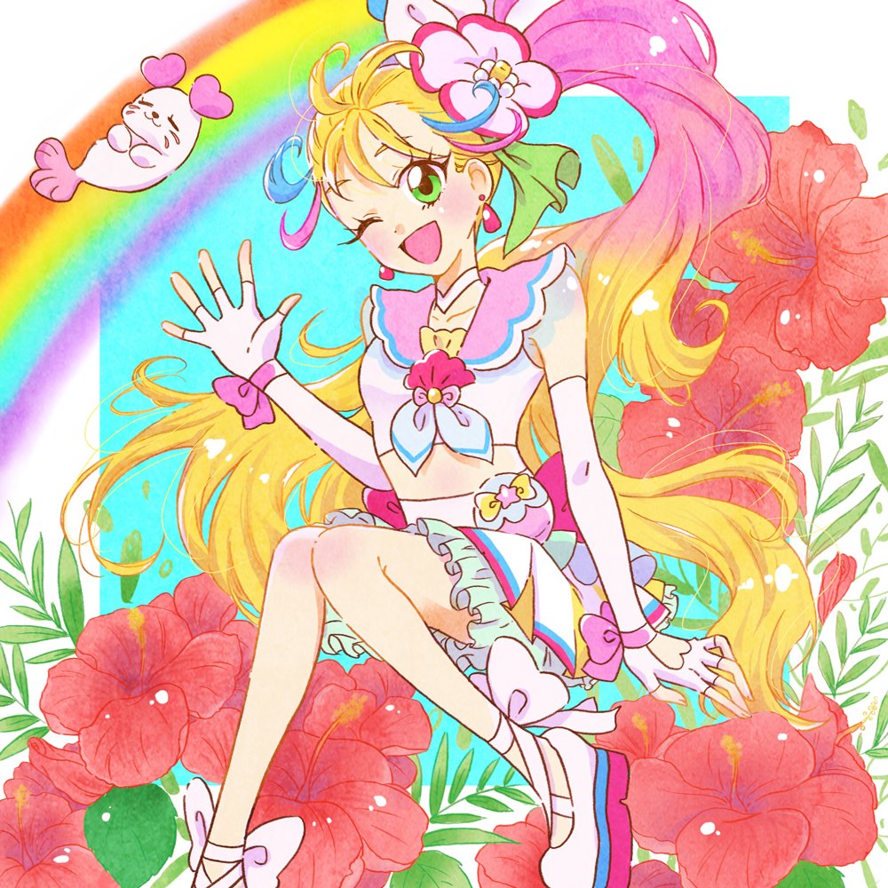1girl, blonde_hair, blush, bow, choker, commentary_request, cure_summer, earrings