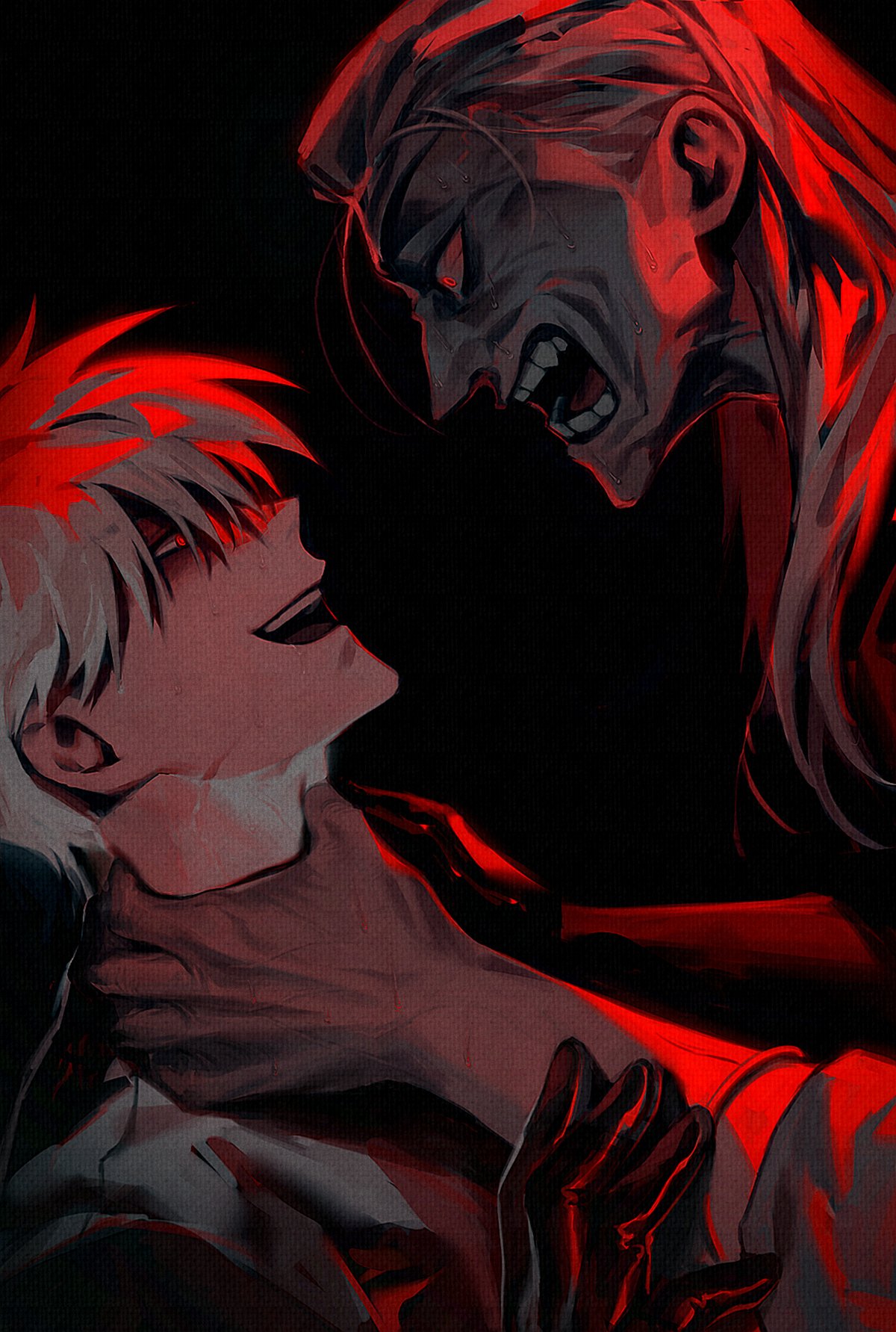 2boys, akagi:_yami_ni_oritatta_tensai, akagi_shigeru, angry, black_background, black_gloves, commentary_request, fukumoto_mahjong