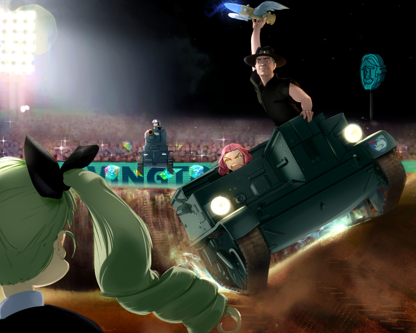1boy, 3girls, anchovy_(girls_und_panzer), blue_shell_(mario), bt-42, crowd, drill_hair, emblem