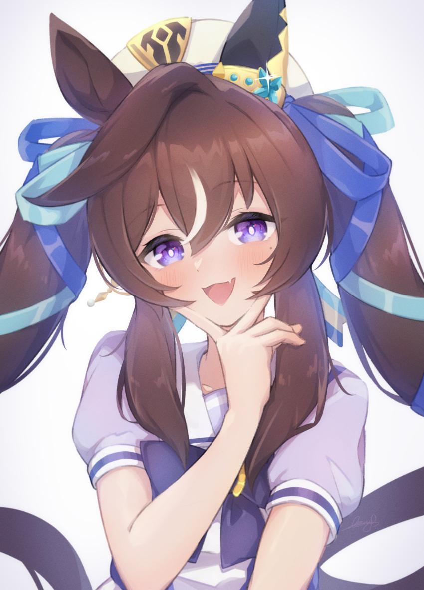 :3, absurdres, animal_ears, beautifulinsnow, blush, brown_hair, commentary_request, fang