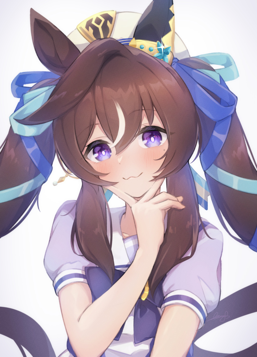 :3, absurdres, animal_ears, beautifulinsnow, blush, brown_hair, commentary_request, hat