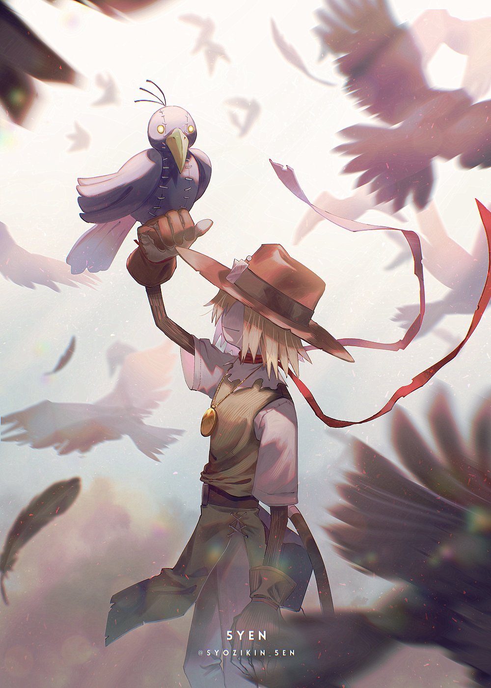 1boy, 5-en, arm_up, artist_name, belt, bird, blonde_hair, brown_belt