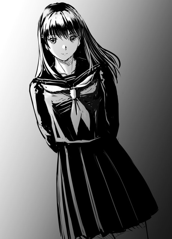1girl, arms_behind_back, collarbone, commentary, dutch_angle, gradient_background, greyscale, ho_den_keiji
