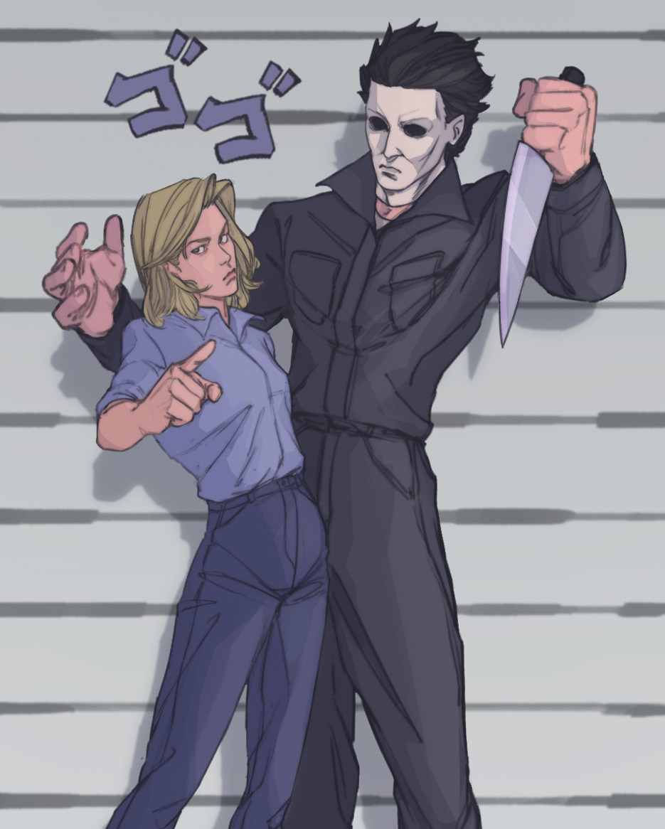1boy, 1girl, black_hair, black_jumpsuit, blonde_hair, breasts, cincidious, commentary, dead_by_daylight, english_commentary, frown, halloween_(movie), holding, holding_knife, jojo_no_kimyou_na_bouken, jojo_pose, jumping, jumpsuit, knife, kujo_jotaro's_pose_(jojo), laurie_strode, mask, menacing_(jojo), michael_myers, pointing, pointing_at_viewer, reverse_grip, small_breasts