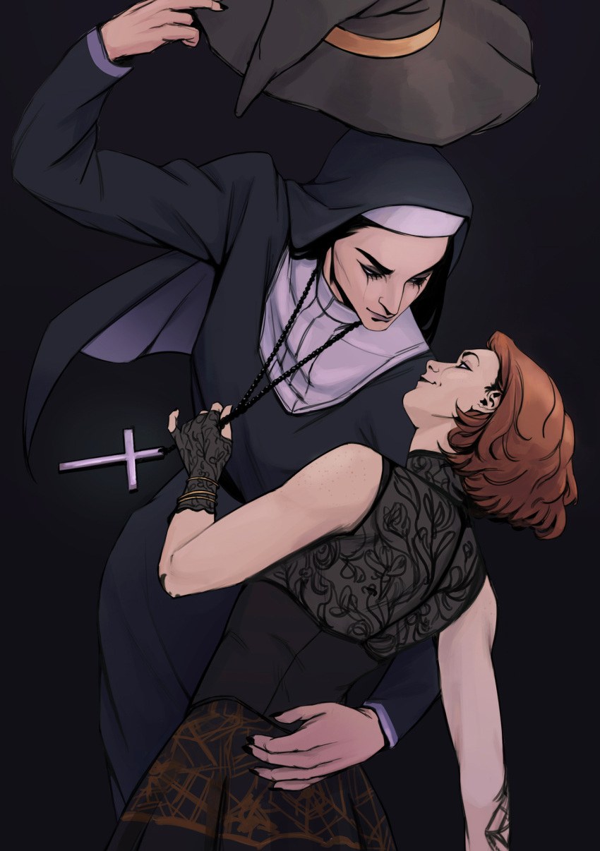 2girls, arm_around_waist, breasts, cincidious, commentary, cross, cross_necklace, dead_by_daylight, english_commentary, fingerless_gloves, gloves, habit, hat, highres, holding, holding_clothes, holding_hat, jewelry, medium_breasts, mikaela_reid, multiple_girls, necklace, nun, pendant, runny_makeup, smile, the_artist_(dead_by_daylight), witch_hat, yuri
