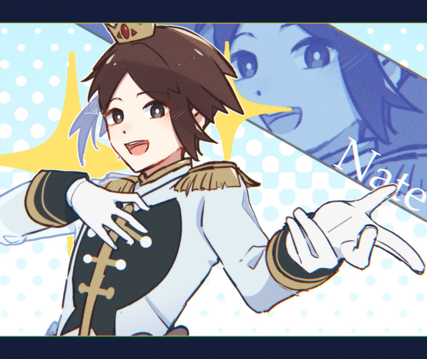 1boy, :d, blush, bright_pupils, brown_hair, character_name, commentary_request, crown