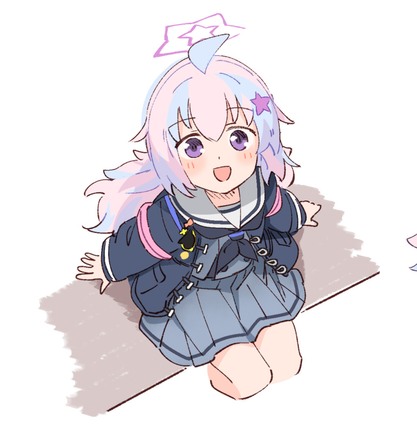 1girl, :d, ahoge, black_neckerchief, blue_archive, blue_hair, blue_jacket, blush