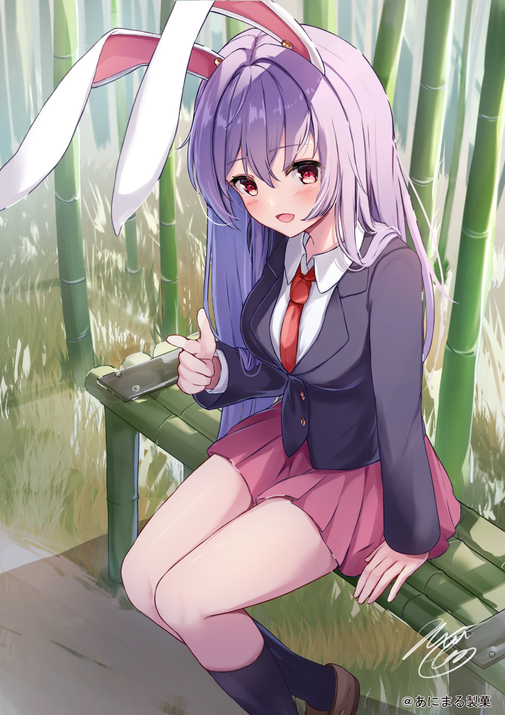1girl, animal_ears, bamboo, bamboo_forest, black_jacket, black_socks, blazer, blush