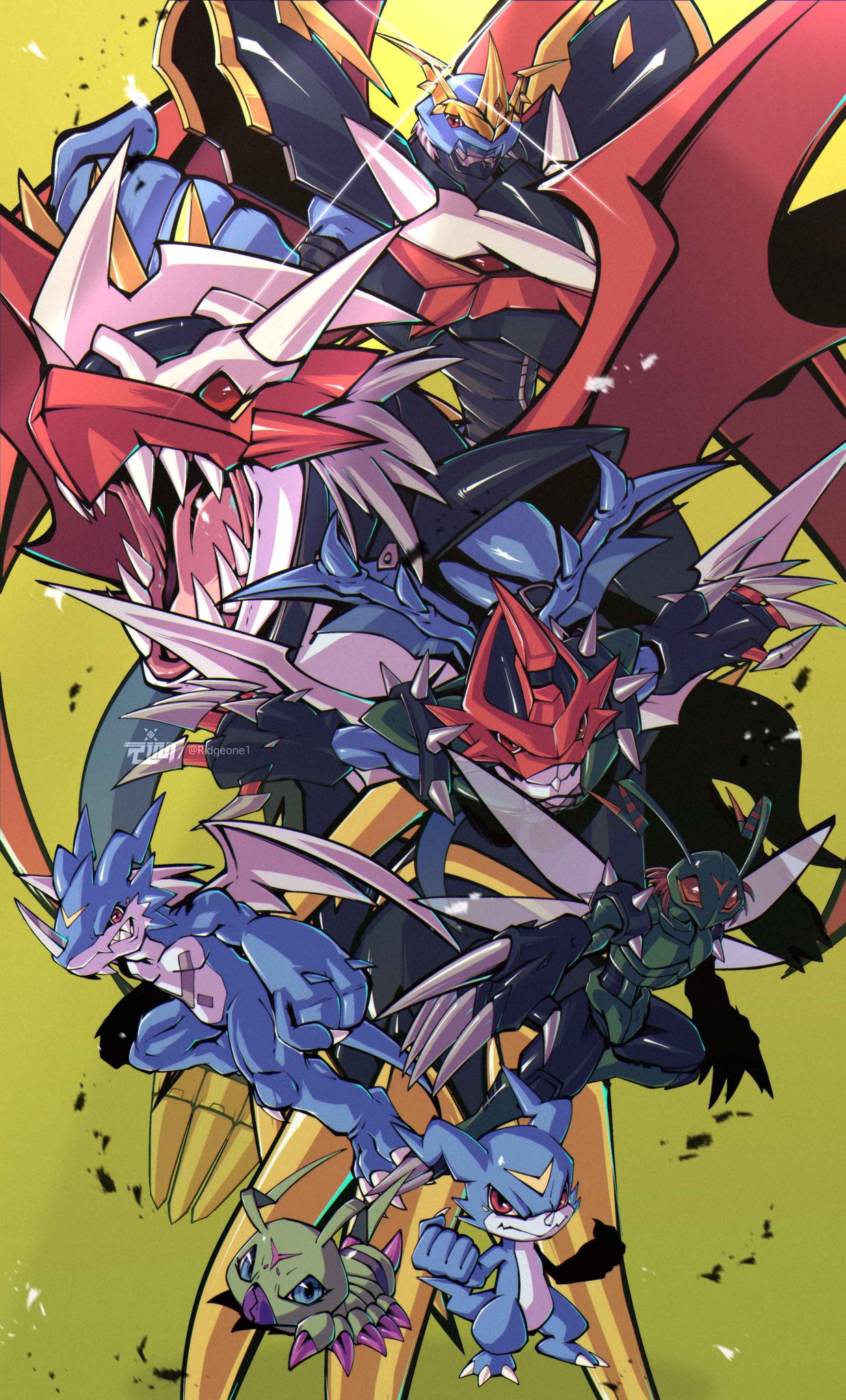 antennae, armor, artist_name, blue_eyes, caterpillar, claws, clenched_hands, digimon