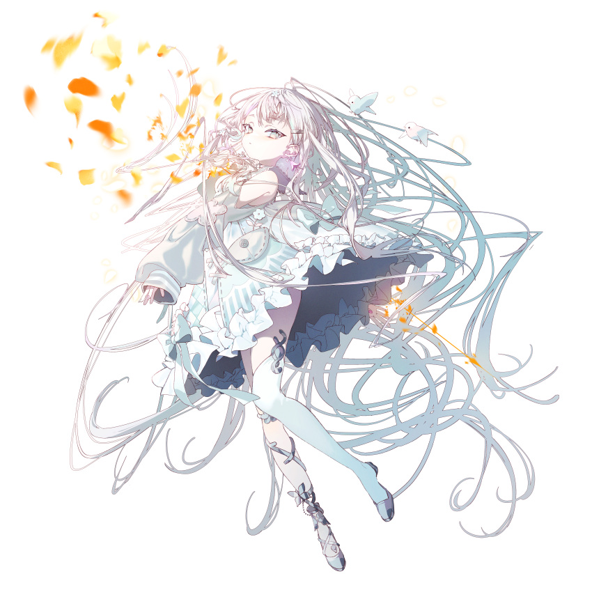 1girl, absurdres, bird, dress, grey_hair, hair_ornament, hasumi_sahiro, highres