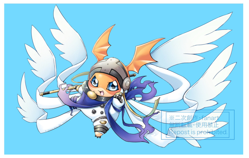 angemon, angemon_(cosplay), belt, blue_background, blue_eyes, border, cosplay, digimon