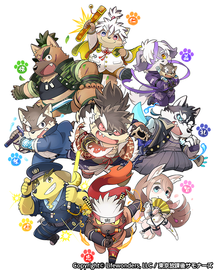 6+boys, animal_ears, bandage_over_one_eye, chibi, claws, commentary_request, copyright_name, dog_boy