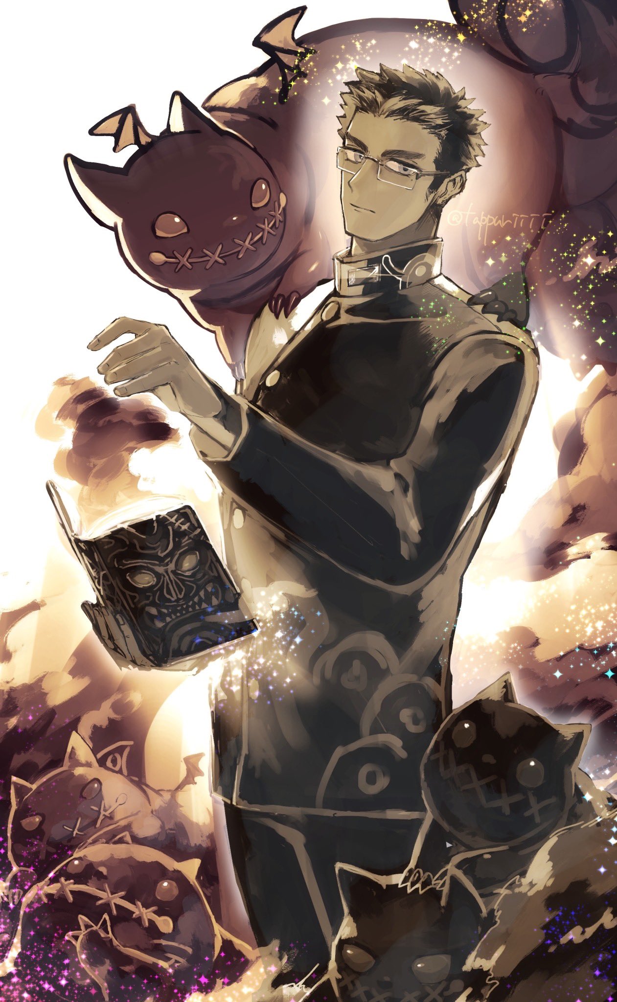 1boy, bat_wings, book, chaba_ga_oishii, closed_mouth, commentary, cowboy_shot, creature, devil_(housamo), gakuran, glowing, hair_slicked_back, hand_up, highres, holding, holding_book, long_sideburns, looking_at_viewer, male_focus, mole, mole_under_eye, motoori_shiro, rimless_eyewear, school_uniform, short_hair, sideburns, solo, sparkle, stitched_mouth, stitches, thick_eyebrows, tokyo_afterschool_summoners, twitter_username, white_background, wings