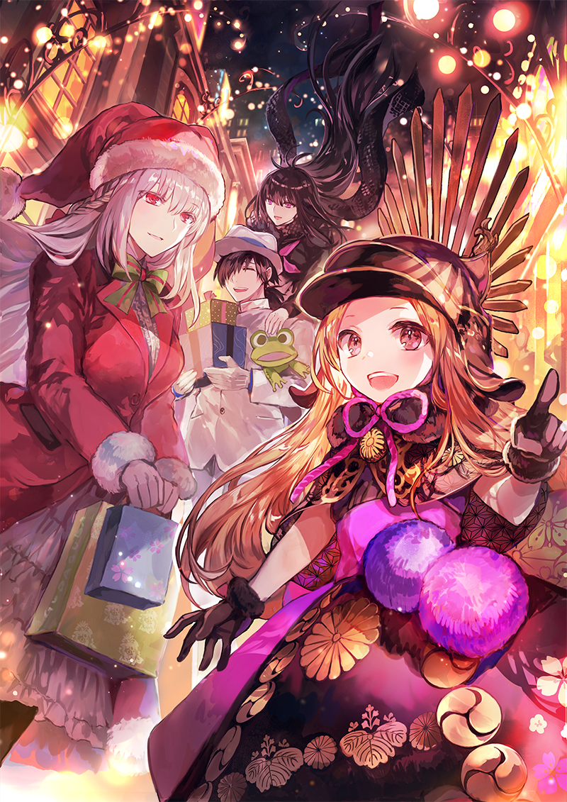 1boy, 3girls, bag, black_dress, black_gloves, black_hair, black_headwear, box