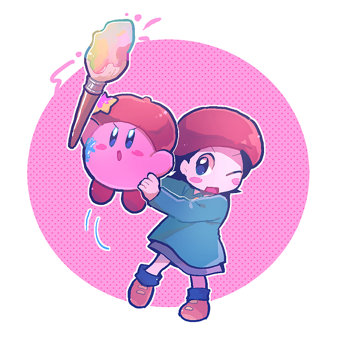 1girl, 1other, adeleine, arms_up, artist_kirby, beret, black_hair, blue_eyes