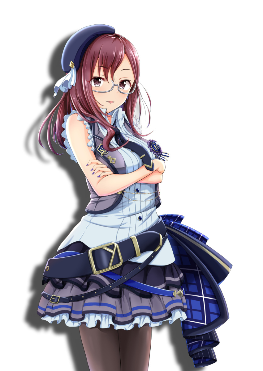 1girl, bare_shoulders, belt, black_pantyhose, blue_belt, blue_headwear, blue_necktie, blue_shirt
