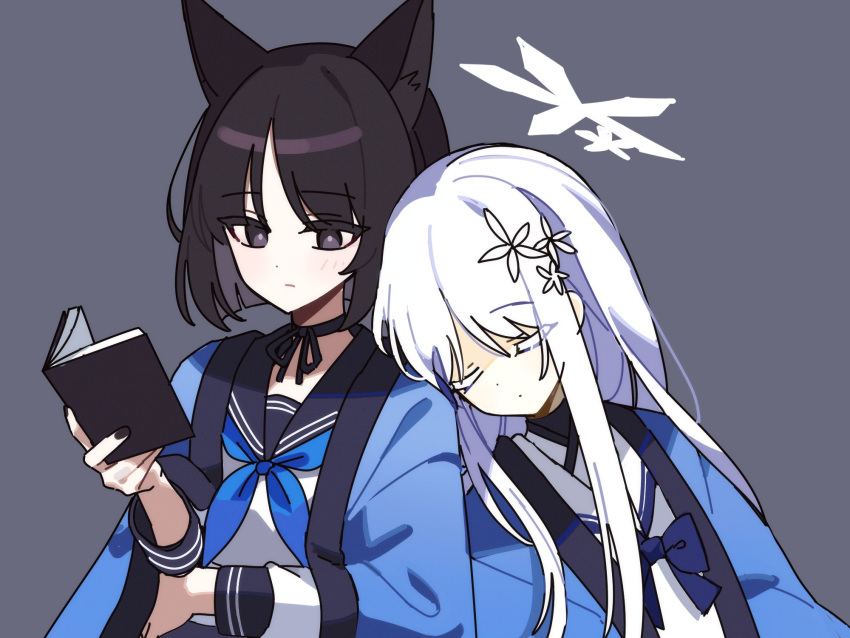 2girls, animal_ears, black_eyes, black_hair, black_nails, black_sailor_collar, blue_archive, blue_neckerchief, book, cat_ears, closed_eyes, closed_mouth, colored_eyelashes, de17a, fingernails, grey_background, hair_ornament, halo, haori, highres, holding, holding_book, japanese_clothes, kikyou_(blue_archive), long_hair, long_sleeves, multiple_girls, nagusa_(blue_archive), nail_polish, neckerchief, sailor_collar, school_uniform, serafuku, short_hair, simple_background, white_hair, white_sailor_collar