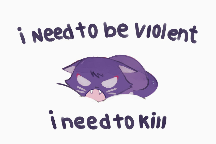 1boy, animalization, doodlescara, english_text, eyeshadow, fangs, genshin_impact, highres, looking_at_viewer, makeup, no_humans, open_mouth, purple_cat, purple_fur, red_eyeshadow, scaramouche_(cat)_(genshin_impact), scaramouche_(genshin_impact), simple_background, white_background