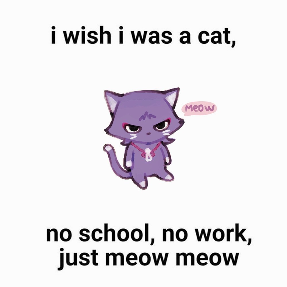 1boy, animalization, cat, comedy, doodlescara, english_text, eyeshadow, genshin_impact, i_wish_i_was_a_cat_(meme), looking_at_viewer, makeup, meme, no_humans, purple_cat, purple_fur, purple_hair, red_eyeshadow, scaramouche_(cat)_(genshin_impact), scaramouche_(genshin_impact), simple_background, white_background