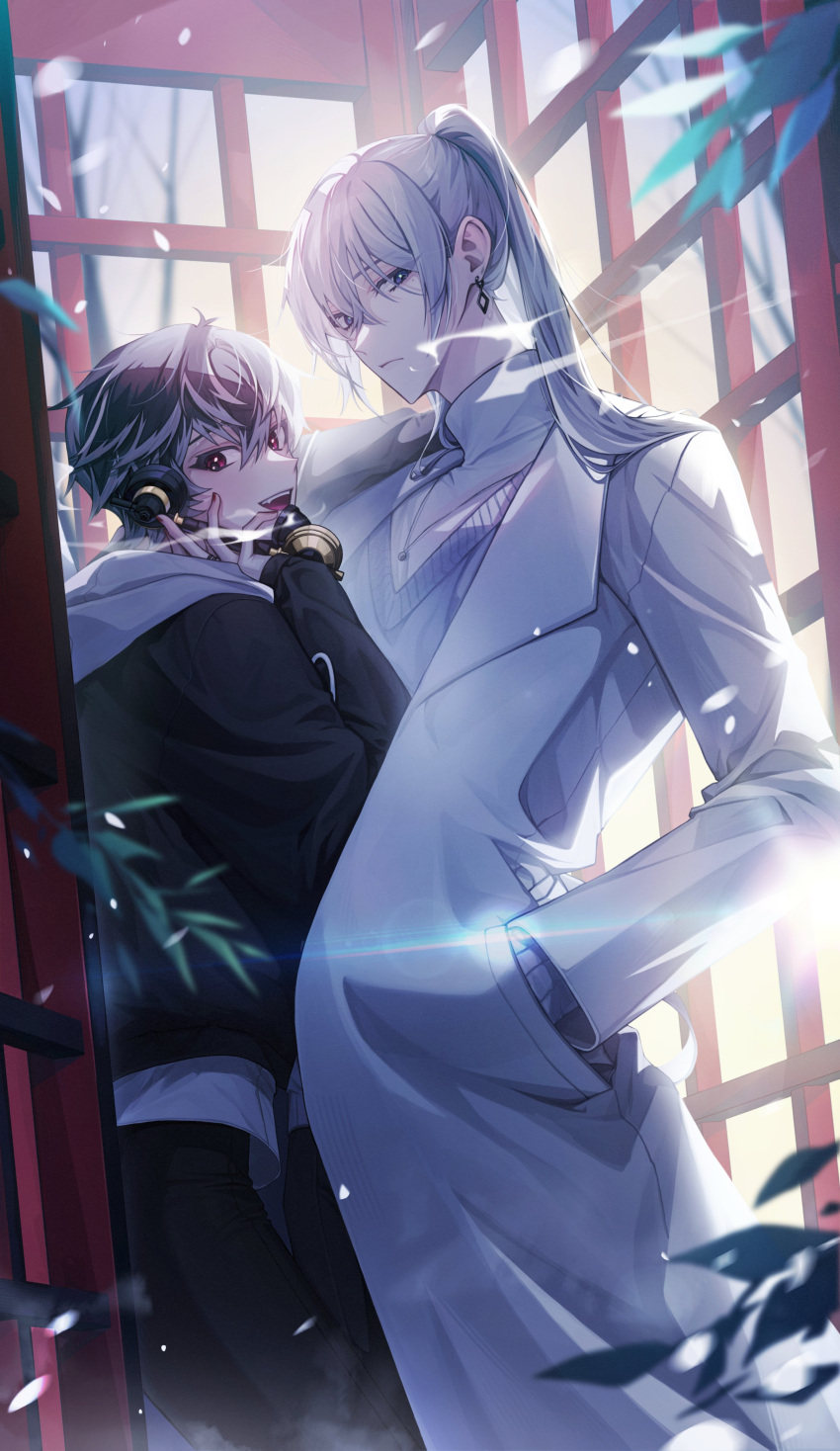2boys, absurdres, ba_so_1125, black_hair, blue_eyes, closed_mouth, earrings, fang