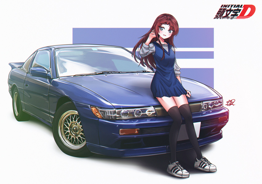 1girl, absurdres, adidas, adidas_superstar, black_thighhighs, blue_dress, blush, breasts