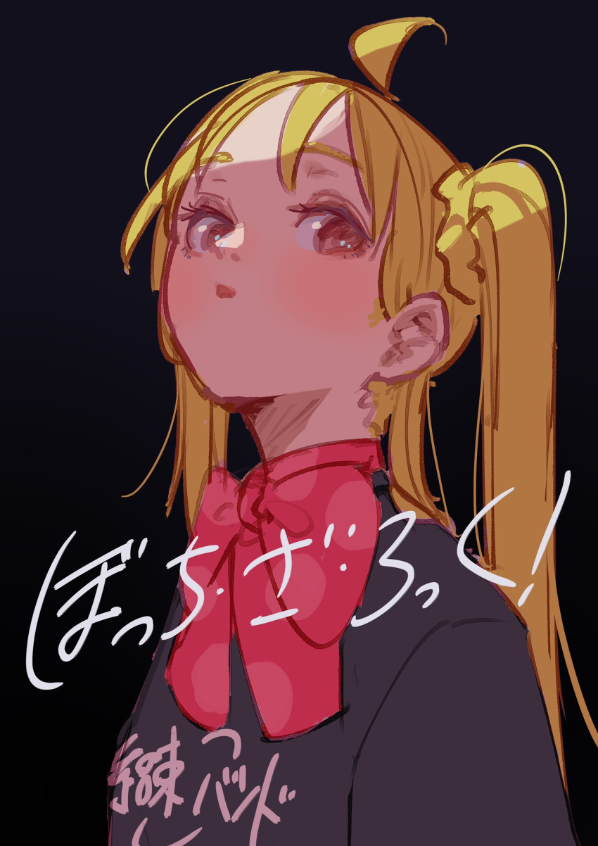 ahoge, black_background, black_shirt, blonde_hair, bocchi_the_rock!, bow, bowtie, choppy_bangs