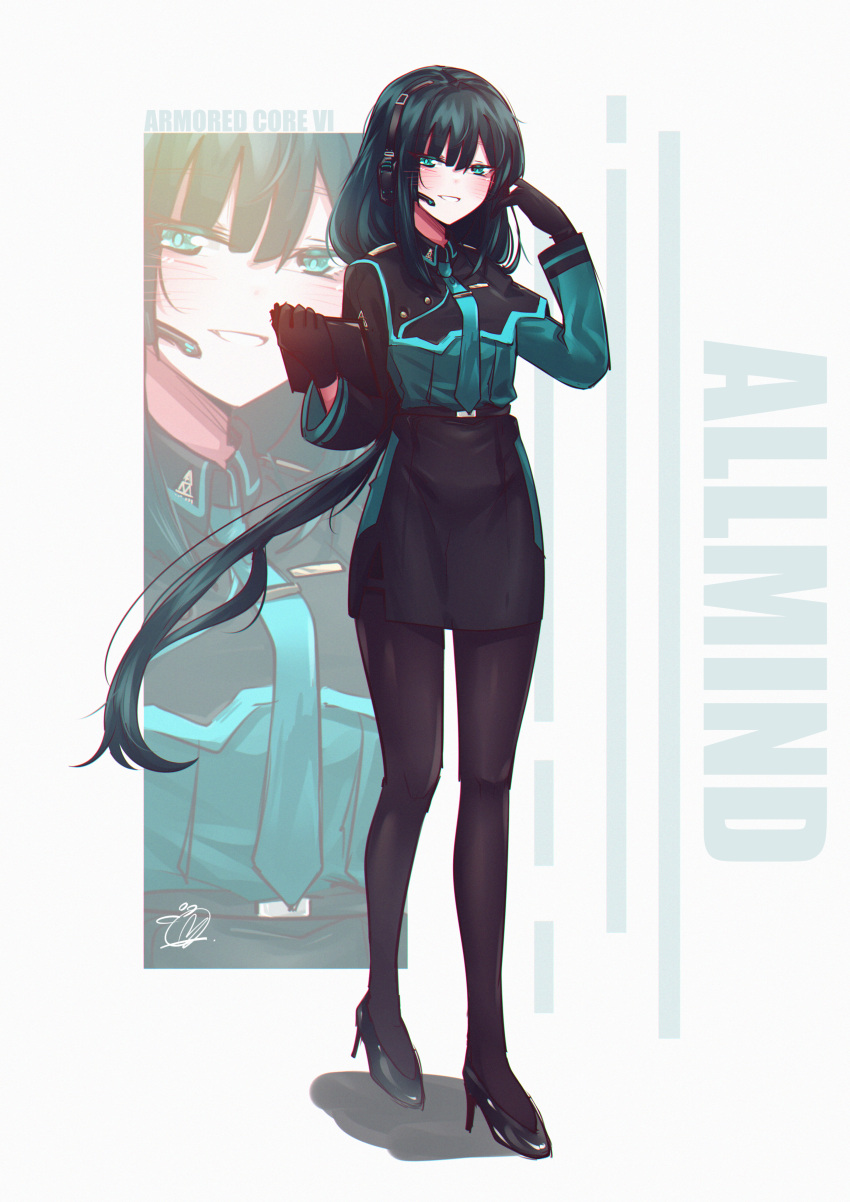 1girl, absurdres, allmind_(armored_core_6), aqua_eyes, aqua_necktie, aqua_shirt, armored_core, armored_core_6